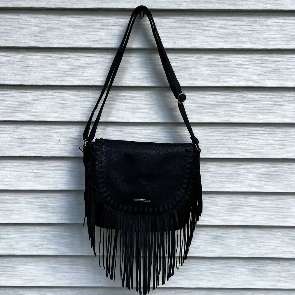 Rampage Black Boho Fringe Crossbody Bag Shoulder Purse Western Textured Pebble